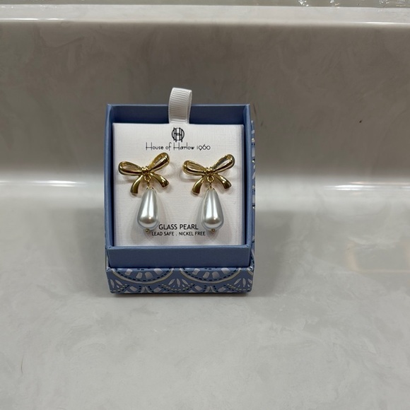 House of Harlow 1960 Jewelry - House of Harlow 1960 Gold and White Bow Earrings Lead Safe and Nickel Free